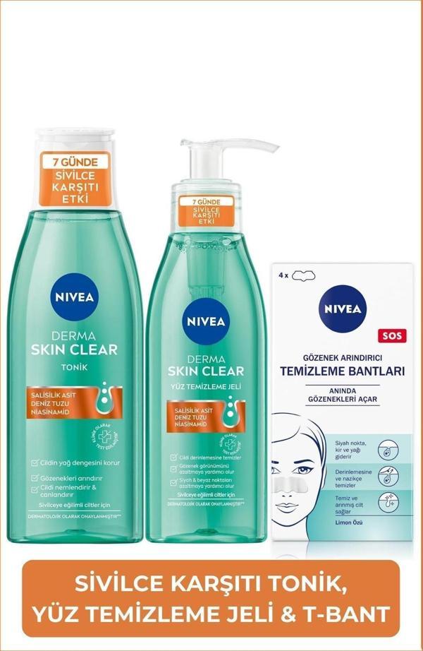 Derma Skin Clear Sivilce Karşıtı Yüz Temizleme Jeli 150ml, Tonik 200ml, T-Bölgesi Burun Bandı - Image 1
