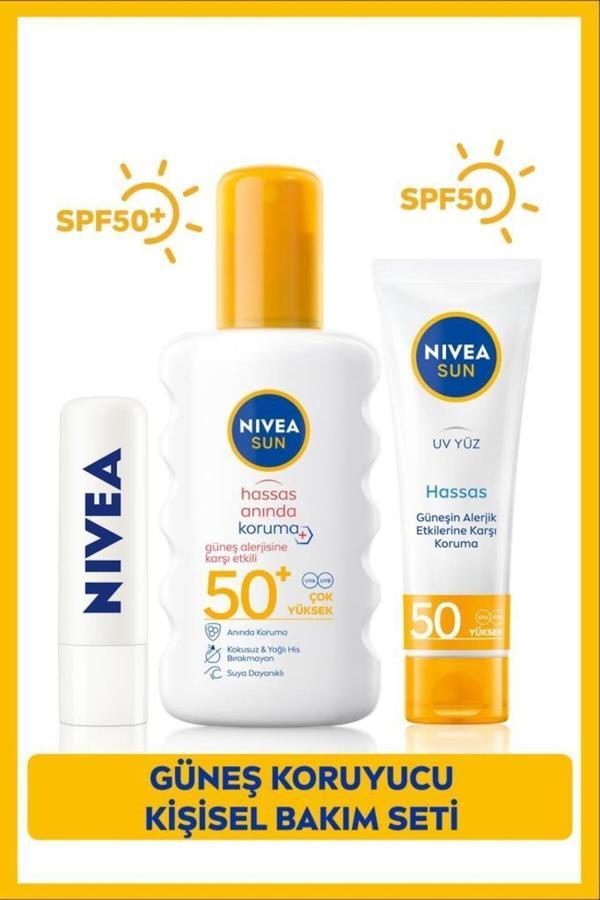 Sun Hassas Güneş Koruyucu Sprey Spf50 200ml, Yüz Güneş Koruyucu 50ml, Renksiz Dudak Bakım Kremi - Image 1