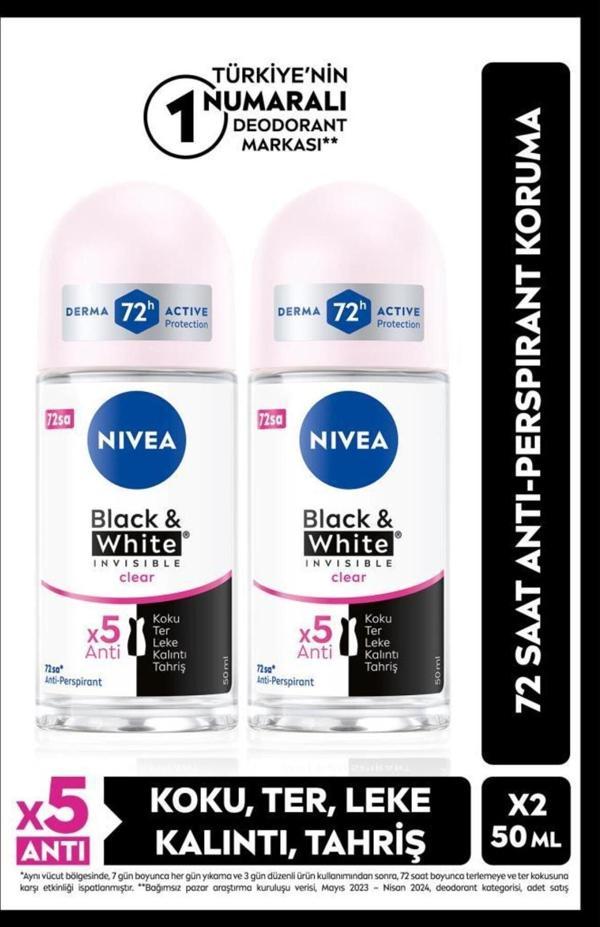 Kadın Roll-on Deodorant Black&white Invisible Clear 50ml, 72 Saat Anti-perspirant, X2 Adet - Image 1