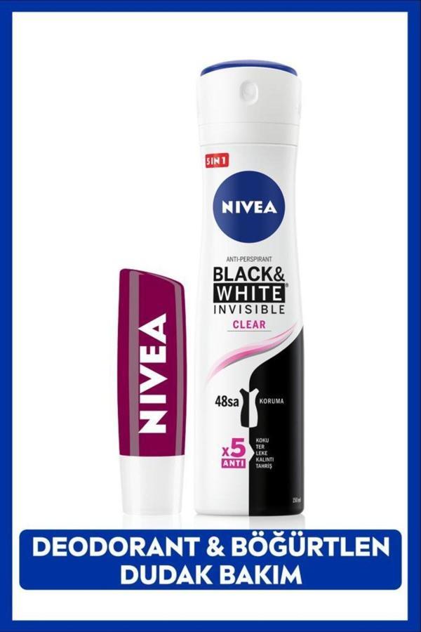 Kadın Sprey Deodorant Black&White Clear, 48 Saat Koruma ve Nemlendirici Böğürtlen Dudak Bakım Kremi - Image 1