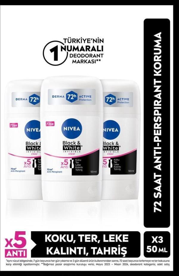 Kadın Stick Deodorant Black&white Clear 50ml, 48 Saat Koruma, X3 Adet - Image 1