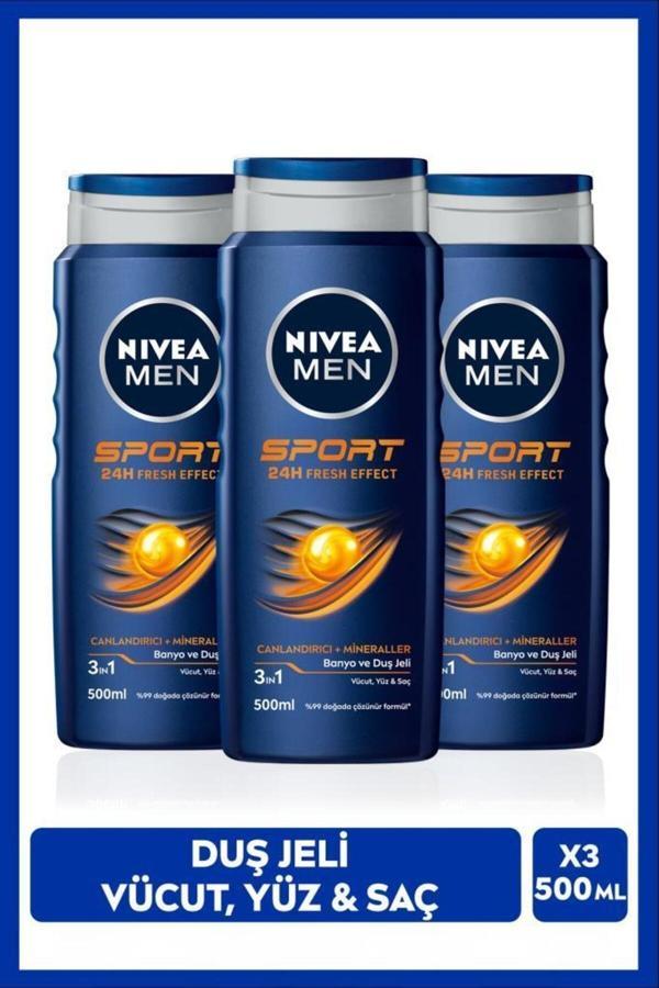 Men Erkek Canlandırıcı Banyo Ve Duş Jeli Sports 500ml, Vücut Yüz Saç, Yenileyici Mineral, X3 Adet - Image 1