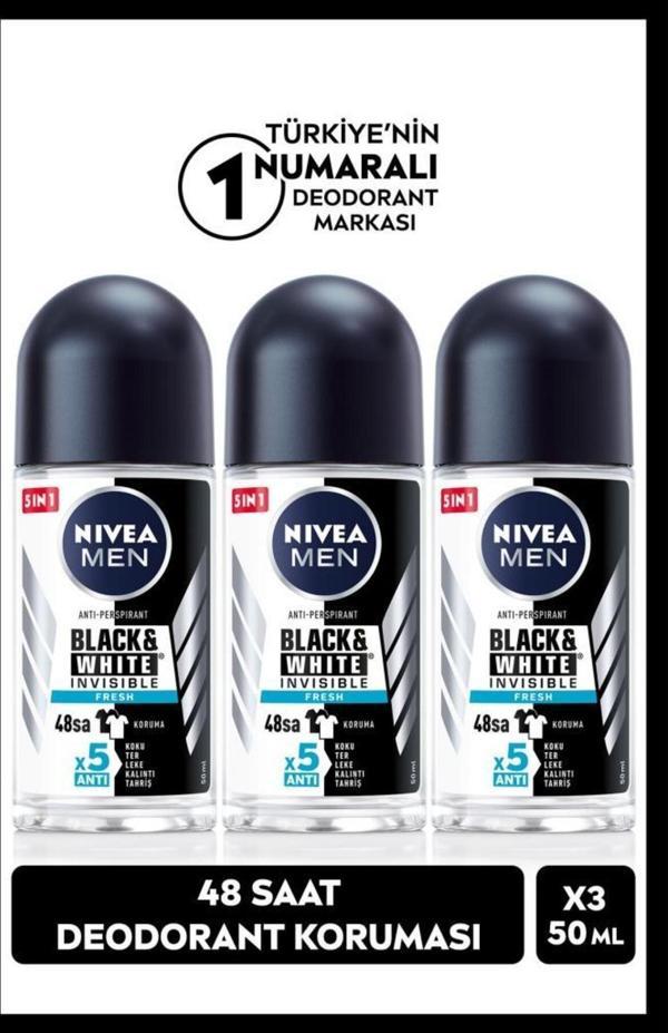 Men Erkek Roll-on Deodorant Black&white Fresh 50ml, 48 Saat Koruma, X3 Adet - Image 1