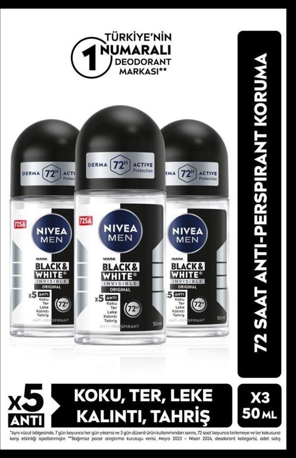 Men Erkek Roll-on Deodorant Black&white Original 50ml, 48 Saat Koruma, X3 Adet - Image 1