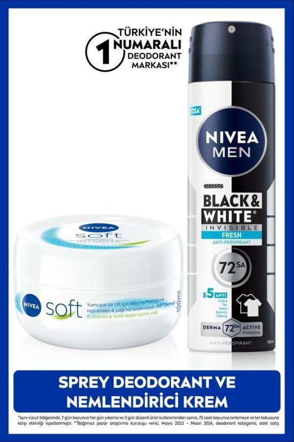 MEN Erkek Sprey Deodorant Black&White Invisible Fresh 150ml ve Nemlendirici Vücut Bakım Kremi 100ml - Image 1