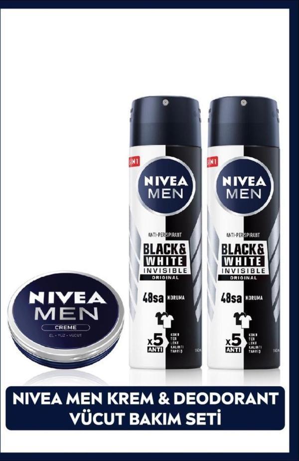 Men Erkek Sprey Deodorant Black&white Invisible Original 150ml X2 Adet Ve Men Erkek Bakım Kremi 30ml - Image 1