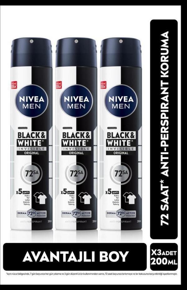 MEN Erkek Sprey Deodorant Black&White Invisible Original 200ml, 72 Saat Anti-perspirant, X3 Adet - Image 1
