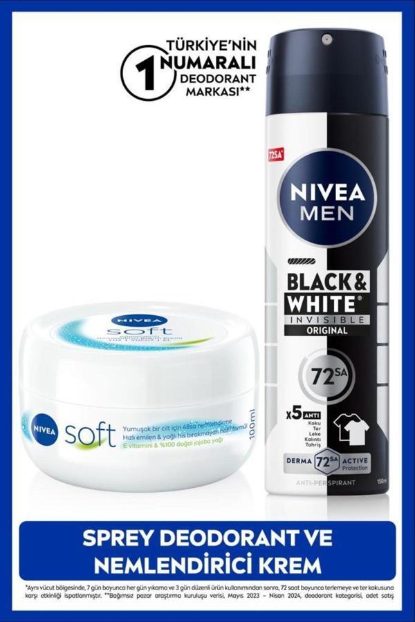 MEN Erkek Sprey Deodorant Black&White Invisible Original ve Soft Nemlendirici Vücut Bakım Kremi100ml - Image 1