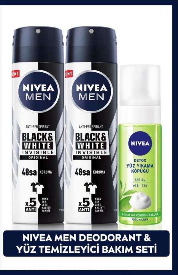 MEN Erkek Sprey Deodorant Black&White Invisible Original150ml X2 Adet ve Yüz Temizleyici Köpük 150ml - Image 1