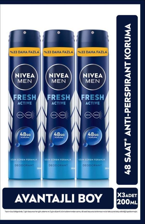 Men Erkek Sprey Deodorant Fresh Active 200ml,ter Kokusuna Karşı 48 Saat Koruma,avantajlı Boy,x3 Adet - Image 1
