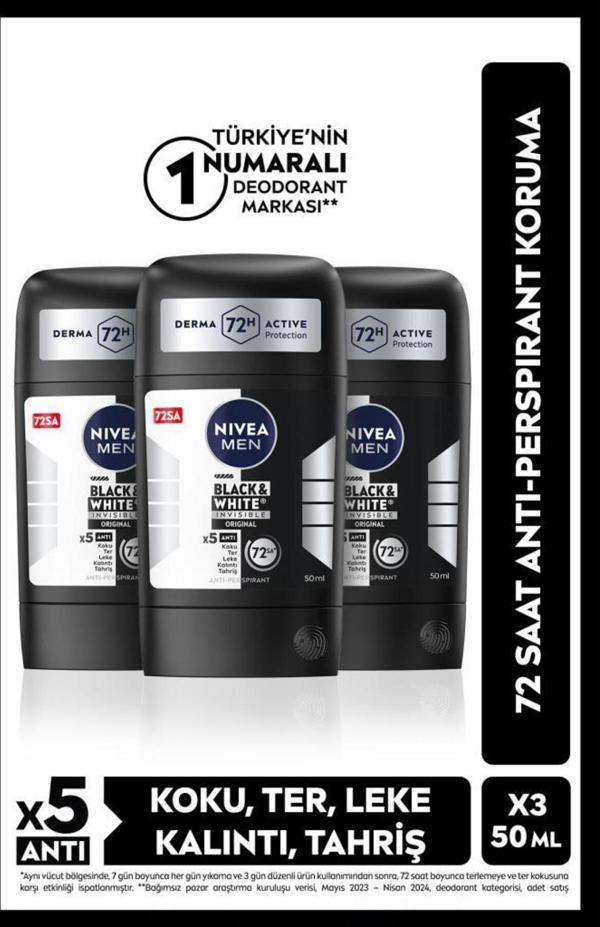 Men Erkek Stick Deodorant Black&white Original 50ml, 48 Saat Koruma, X3 Adet - Image 1