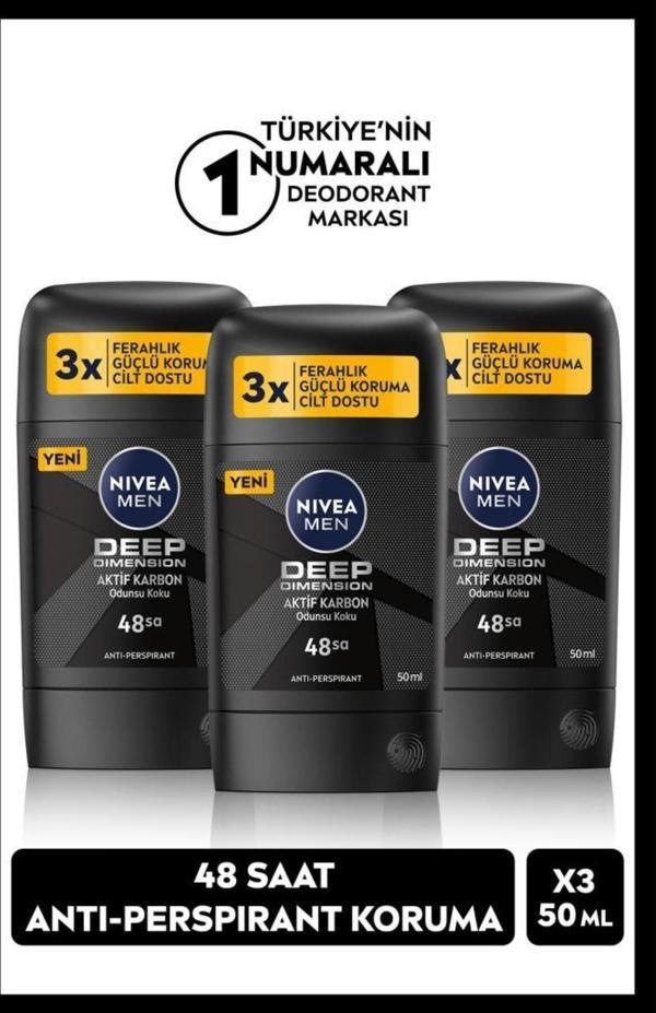 Men Erkek Stick Deodorant Deep Dark Wood 50ml, 48 Saat Koruma, X3 Adet - Image 1