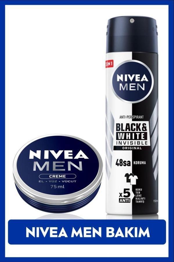MEN Sprey Deodorant Black&White Invesible Original 150ml ve Nemlendirici Erkek Bakım Kremi 75ml - Image 1