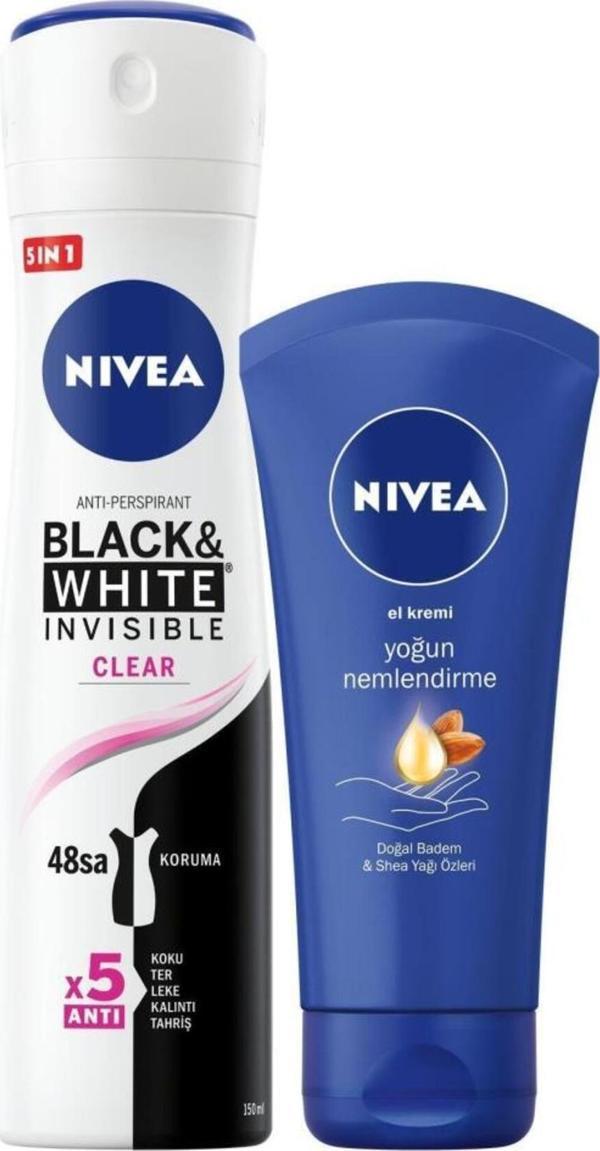 B&w Clear Kadın Sprey Deodorant 150 ml Nemlendirici El Bakım Kremi 75 ml - Image 1