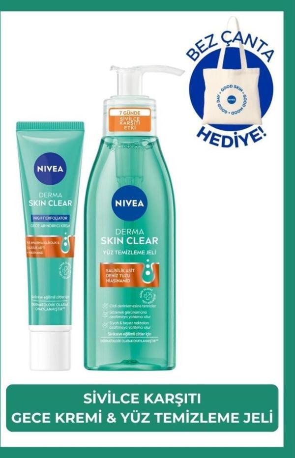 Derma Skin Clear Karşıtı Yüz Temizleme Jeli 150ml Ve Gece Arındırıcı Krem 40ml, Çanta - Image 1
