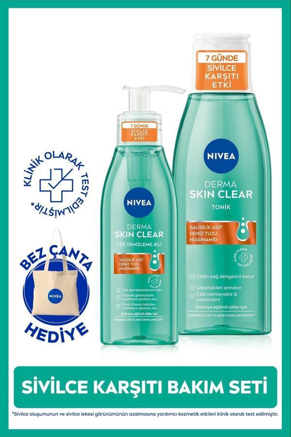 Derma Skin Clear Sivilce Karşıtı Yüz Temizleme Jeli 150ml ve Nemlendirici Tonik 200ml, Çanta Hediye - Image 1