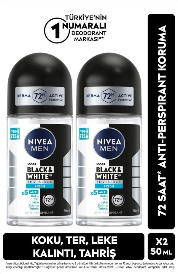 Men Invisible Black & White Fresh Erkek Deodorant Roll-on 50 ml 2'li - Image 1