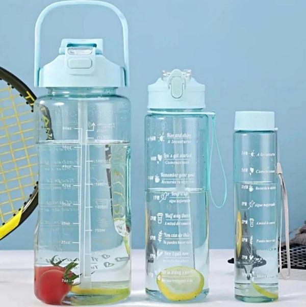 3'lü Motivasyonel Sporcu Su Şişesi Tritan Suluk Su Matarası Stickerlı Pipetli Suluk 2000+900+500ml - Image 1