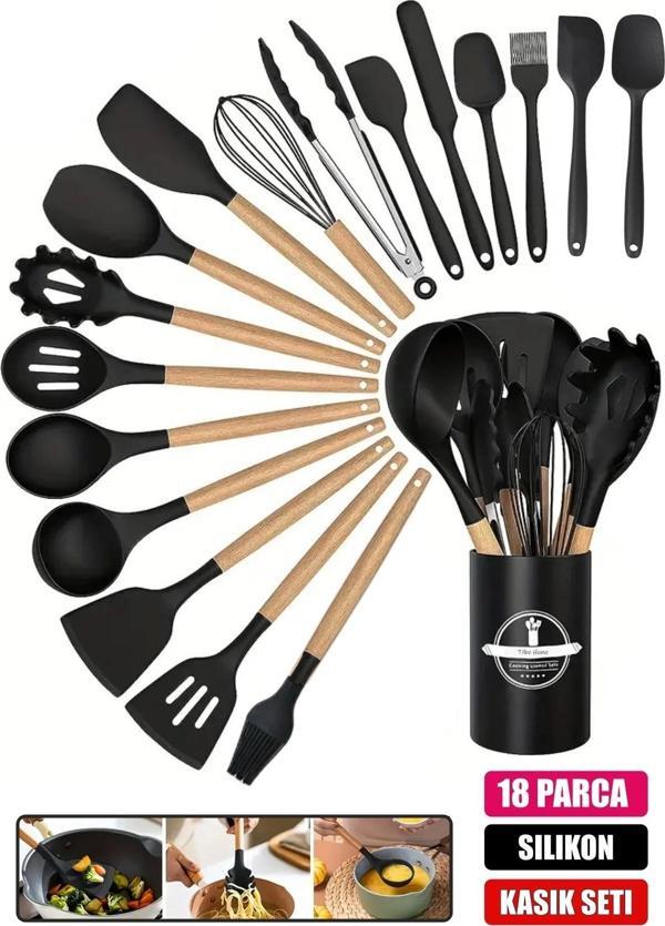 18Parça Silikon Kepçe Kevgir Kaşık Fırça Çırpıcı Spatula Maşa Servis Seti Bambu Saplı Mutfak Takımı - Image 1