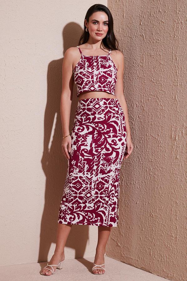 Lela Slim Fit İp Askılı Yırtmaçlı Midi Alt-Üst Bayan Takım 5865726 MÜRDÜM - Image 1