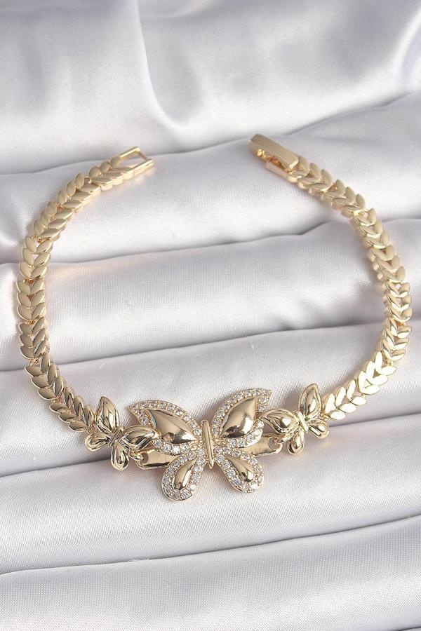Pirinç Gold Renk Zirkon Taşlı Kelebek Model Kadın Bileklik - EBJ250308W31923 - Image 1