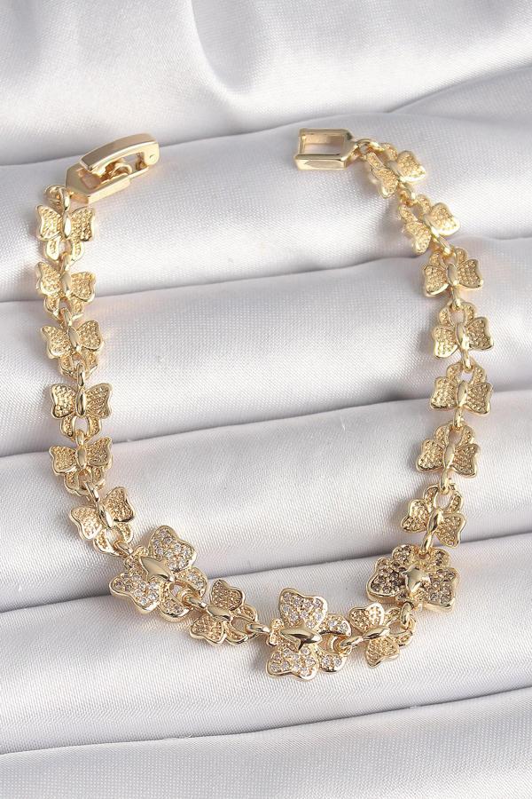 Pirinç Gold Renk Zirkon Taşlı Kelebek Model Zincir Kadın Bileklik - EBJ250308W31943 - Image 1