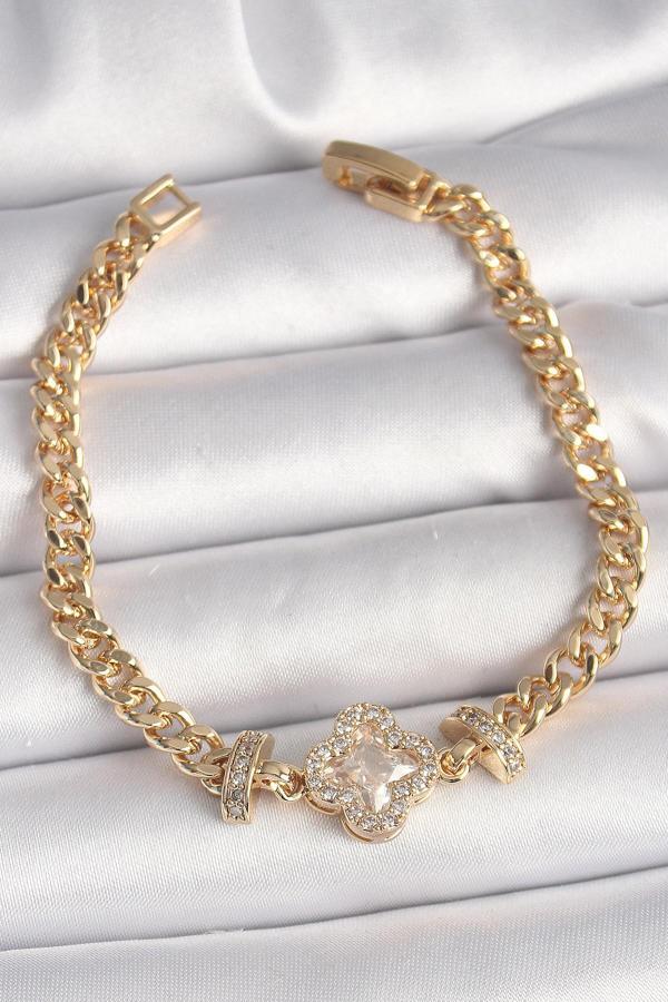 Pirinç Gold Renk Zirkon Taşlı Yonca Figür Zincir Model Kadın Bileklik - EBJ250308W31927 - Image 1