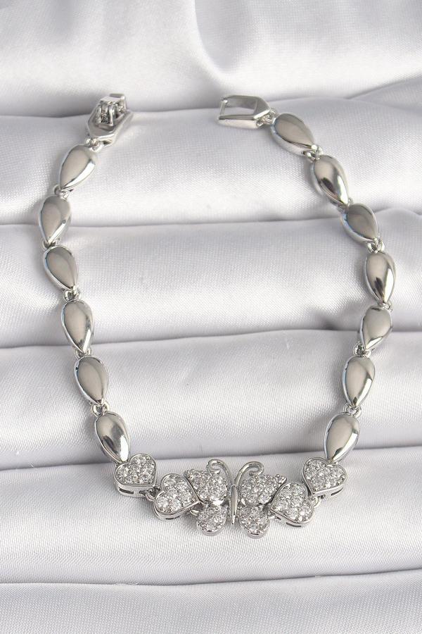 Pirinç Gümüş Renk Zirkon Taşlı Kelebek Figür Damla Zincir Model Kadın Bileklik - EBJ250308W31950 - Image 1