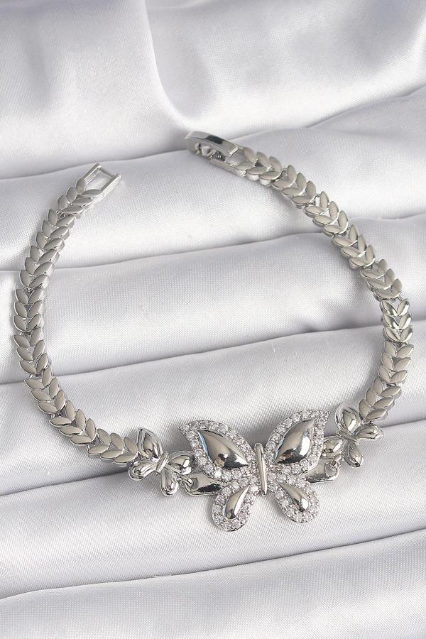 Pirinç Gümüş Renk Zirkon Taşlı Kelebek Model Kadın Bileklik - EBJ250308W31924 - Image 1