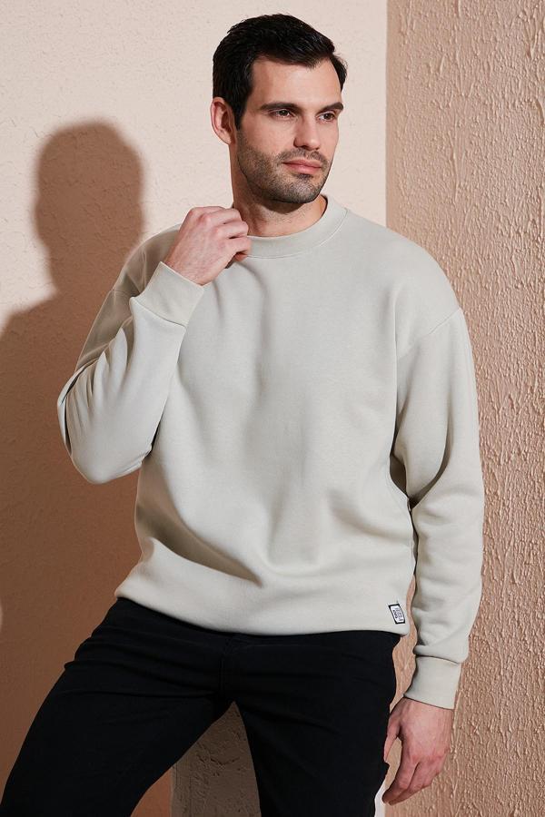 Buratti Regular Fit Bisiklet Yaka Pamuklu İçi Tüylü Yumuşak Şardonlu Erkek Sweat 5905255 KREM - Image 1