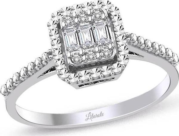 Lilarote Pırlanta 0.18 Ct Kalemli Tasarım Baget Kare Tektaş Yüzük - Image 1