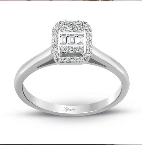 Lilarote Pırlanta 0.20 Ct Baget Kare Tektaş Yüzük Modern Tasarım - Image 1