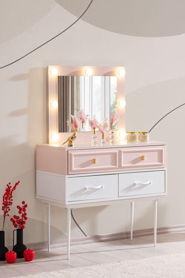 Şifonyer, Rosa Metal Ayaklı Işıklı Aynalı Makyaj Masa Şifonyer - Image 1