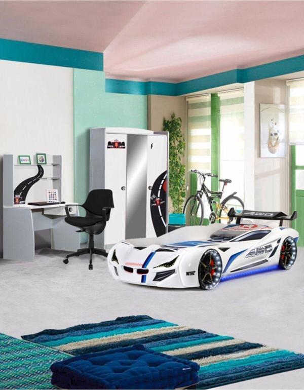 Formula Genç Odası - 3 Kapılı Dolap, Mercedes Full Ledli Arabalı Yatak, Masa - Beyaz - Image 1