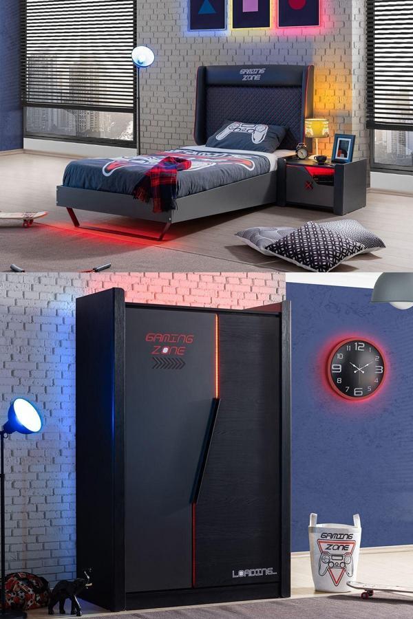 Gamer Ledli Genç Odası - 2 Kapaklı Dolap, Karyola, Komodin - Image 1