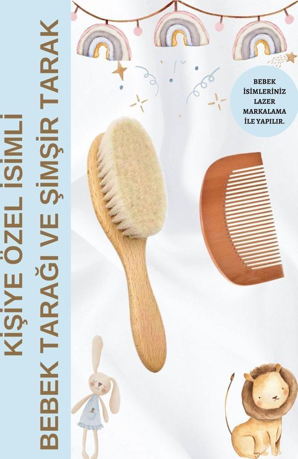 Eratos Bebek Tarağı Ve Şimşir Tarak 2'Li Set -İsime Özel(Lazer Markalama) Keçi Kılı Bebek Saç Fırçası Konak - Image 1