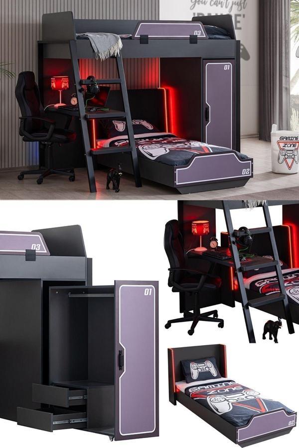 Ranzalı Oyuncu Odası, Gamer Ranza Ledli Karyola Masa Dolap - Image 1