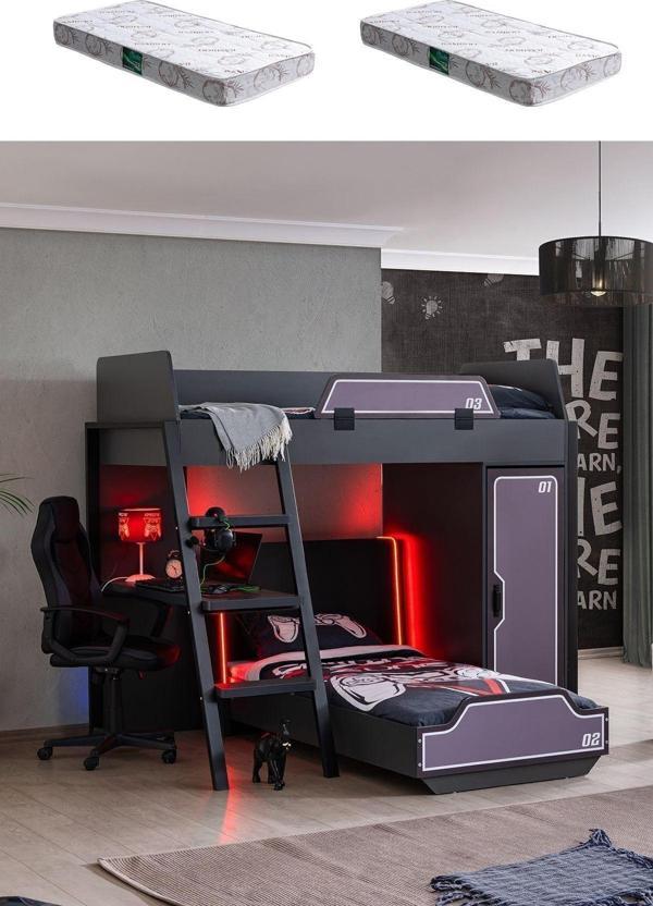 Ranzalı Oyuncu Odası, Gamer Ranza Ledli Karyola Masa Dolap 2 Adet Comfort Yatak - Image 1