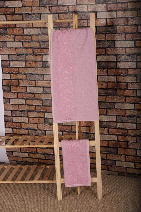 2 Parça %100 Pamuklu Banyo Havlu Seti Sultan Pembe - Image 1