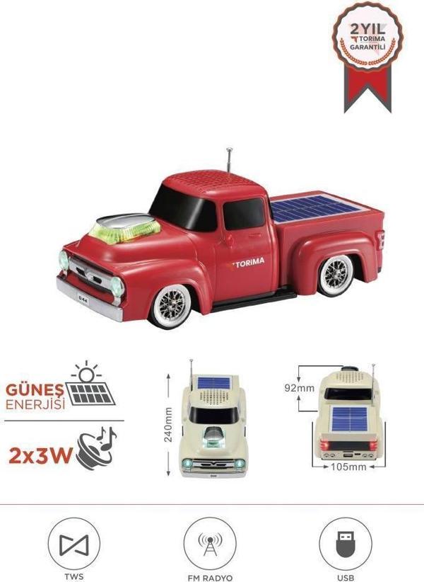 Torima D44 Kırmızı Kamyon Bluetooth Hoparlör FM-USB-TF Destekli Güneş Enerjili Speaker - Image 1