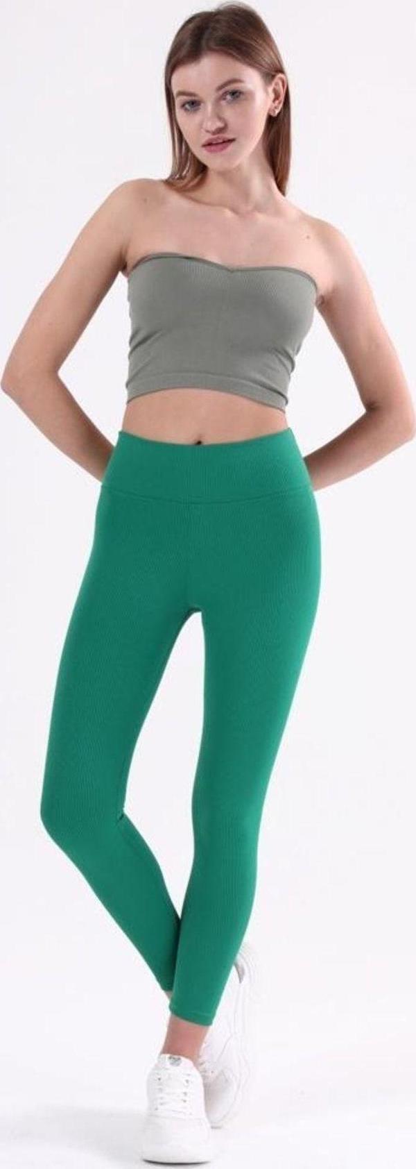 Ozy Fashion Kadın Fitilli Yüksek Bel Dikişsiz Tayt Açık Zümrüt L - Image 1