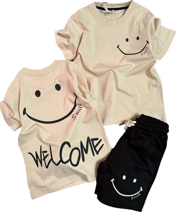 Erkek Çocuk Welcome Yazı ve Smile Baskılı Penye Tişört Siyah Şortlu Takım - Image 1