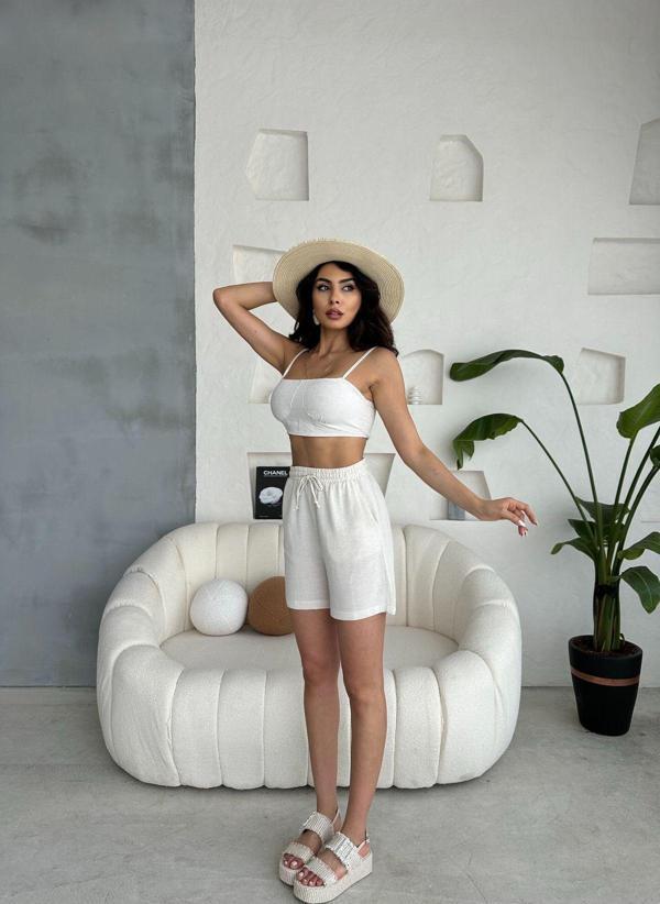 Ozy Fashion Yüksek Bel,Beli Lastikli,Cepli Flamlı Keten Yazlık Açık-Bej Şort Açık Bej L - Image 1