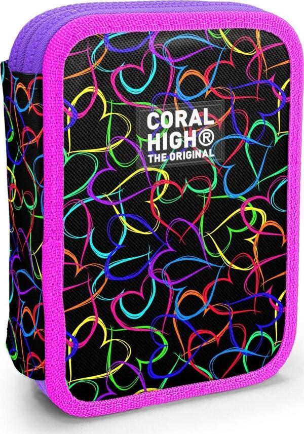 Coral High Kids Çok Renkli Kalp Desenli Çift Katlı Kalem Çanta 11145 - Image 1