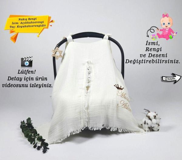 %100 Pamuk 4Katlı Nefes Alabilen Müslin Kumaş Püsküllü Puset Örtüsü(Kişiye Özgü İsimli Nakış Desenl) - Image 1
