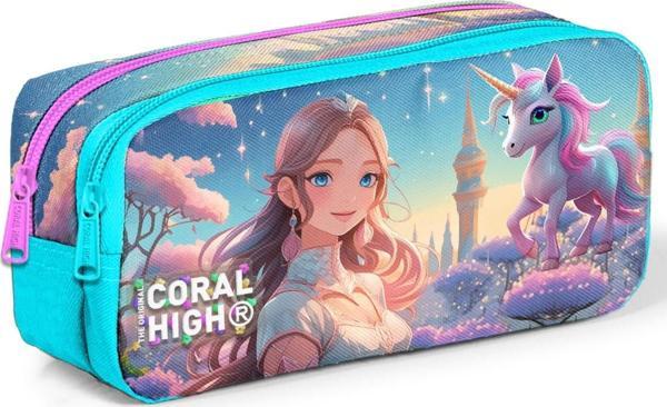 Coral High Kids Turkuaz Pembe Anime Kız Desenli İki Bölmeli Kalem Çantası 12094 - Image 1