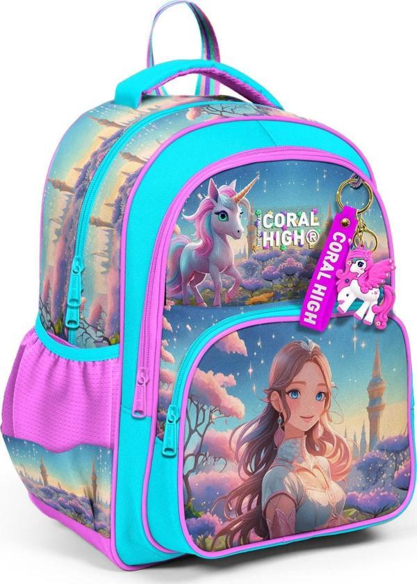 Coral High Kids Turkuaz Pembe Anime Kız Desenli Üç Bölmeli Okul Sırt Çantası 14420 - Image 1