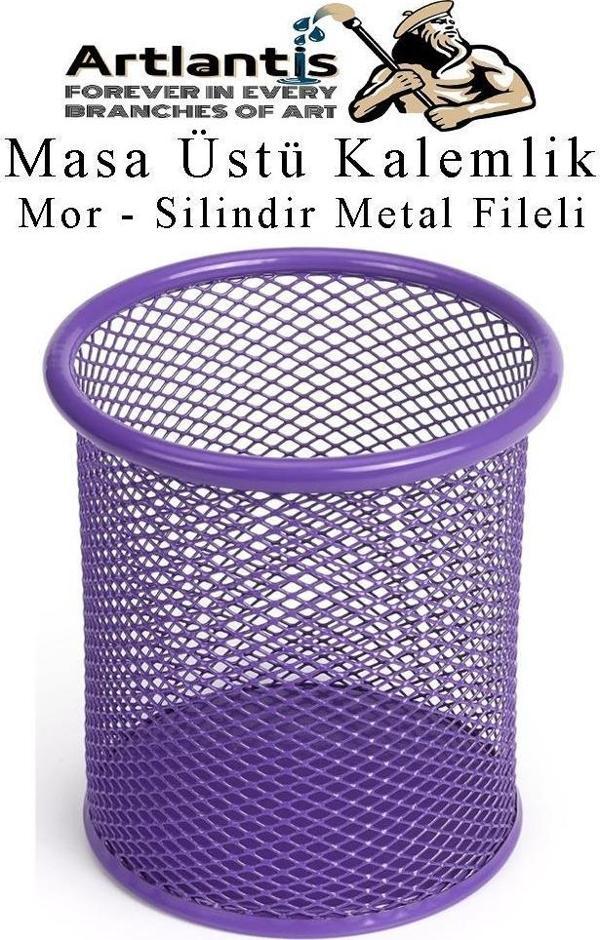 Mor Silindir Masa Üstü Kalemlik 1 Adet Metal Fileli Renkli Perforeli Yuvarlak Kalemlik Ofis Büro Okul - Image 1