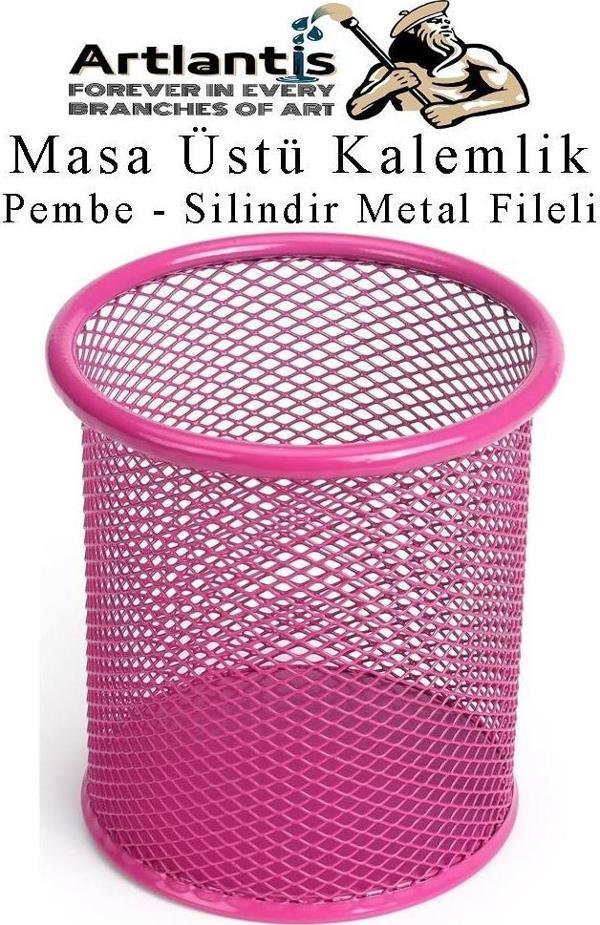 Pembe Silindir Masa Üstü Kalemlik 1 Adet Metal Fileli Renkli Perforeli Yuvarlak Kalemlik Ofis Büro Okul - Image 1