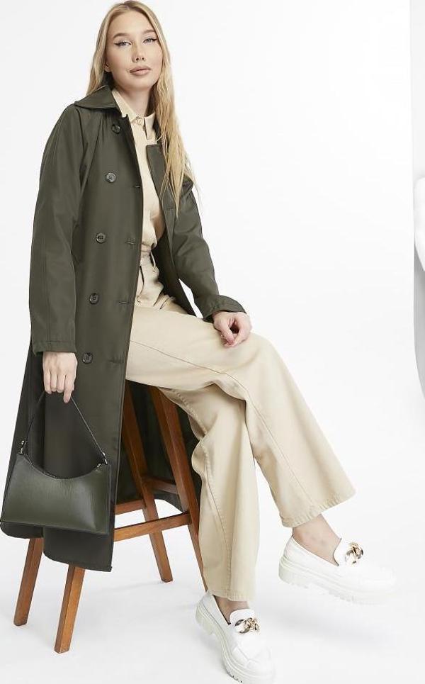 Uzun Boy Kemerli Astarlı Kadın Trençkot - Image 1